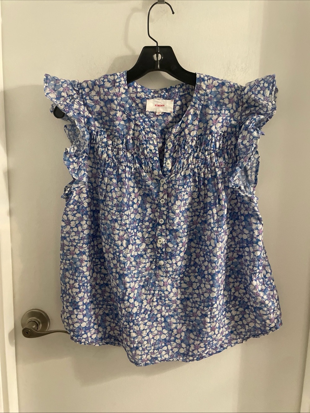 XiRENA XS  Bria Shirt - Bleu Bell RUFFLE SLV HENLEY NECK POPOVER SILK COTTON TOP